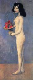 Naked girl with a basket of flowers